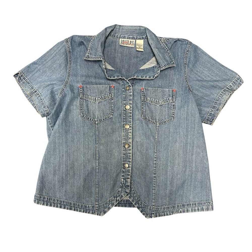 Bill Blass Blue Denim Shirt Short Sleeve Vintage 1X 100% Cotton